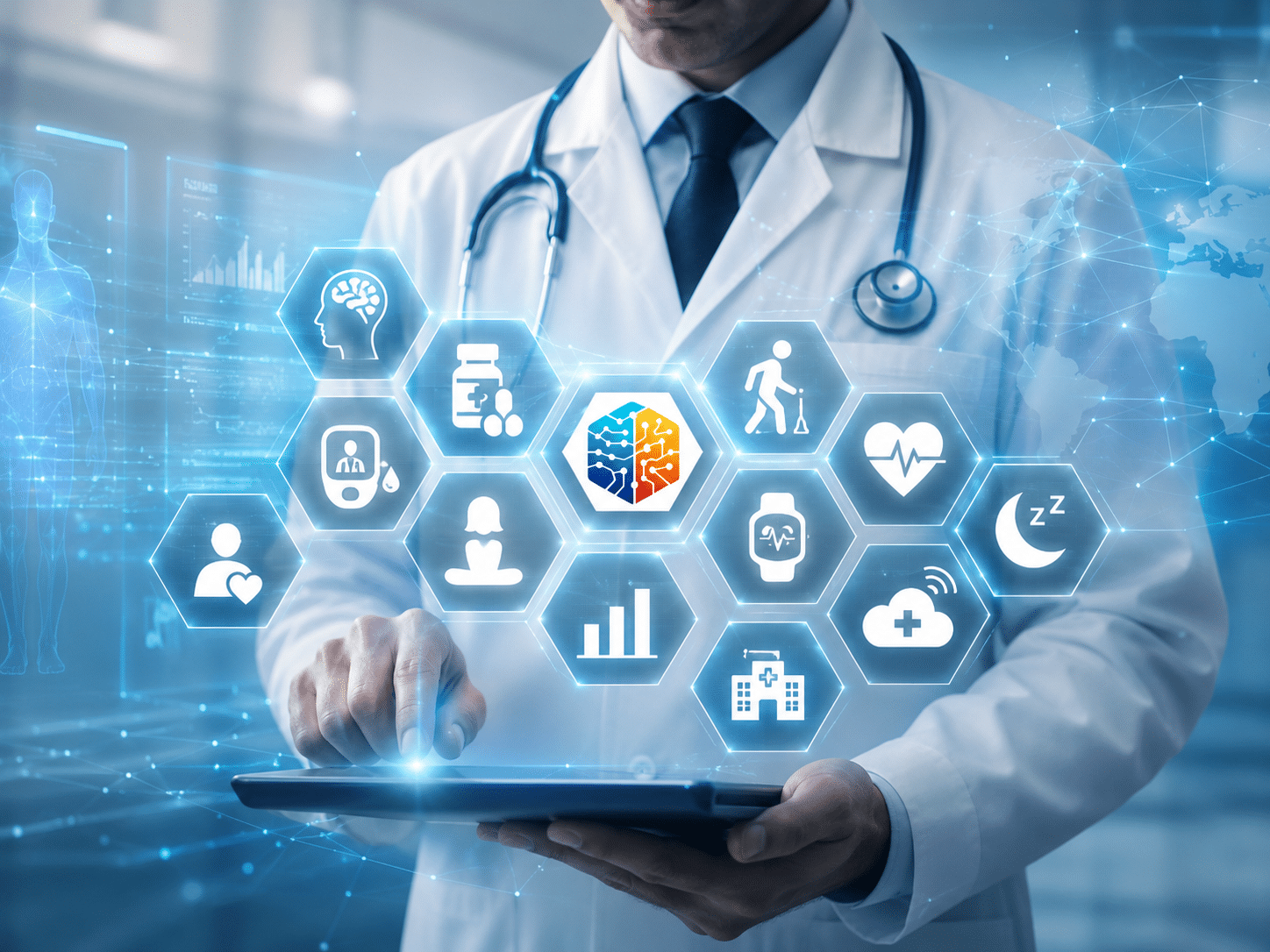 Terapie digitali - DTx - immagine simbolica . medico con tablet